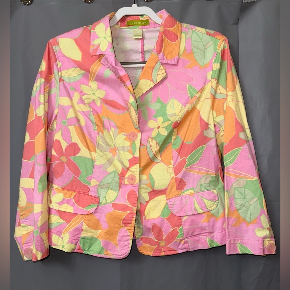 Sigrid Olsen pastel multicolor floral 3/4 sleeve cotton spring blazer size 12